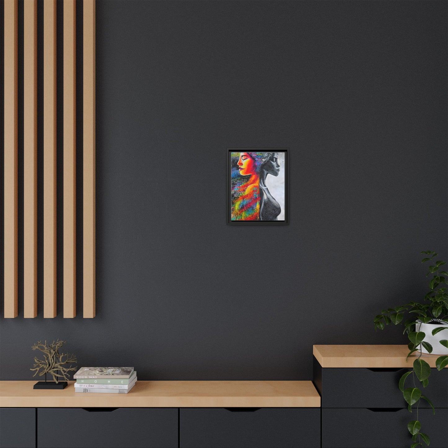 Framed Matte Canvas Art – Colorful Dual-Faced Woman Portrait