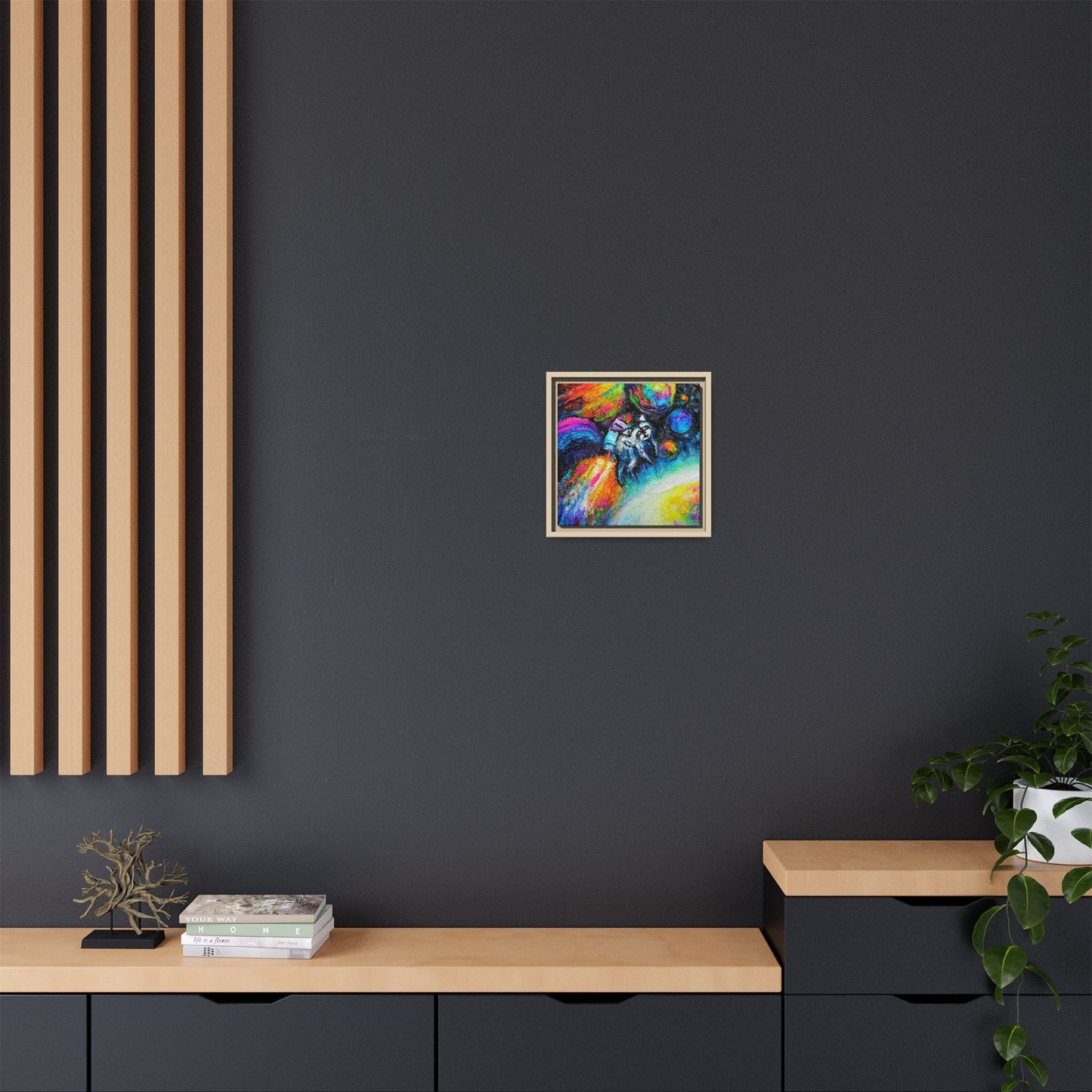Framed Matte Jimothy in Space Canvas Art – Colorful Astronaut Space Painting