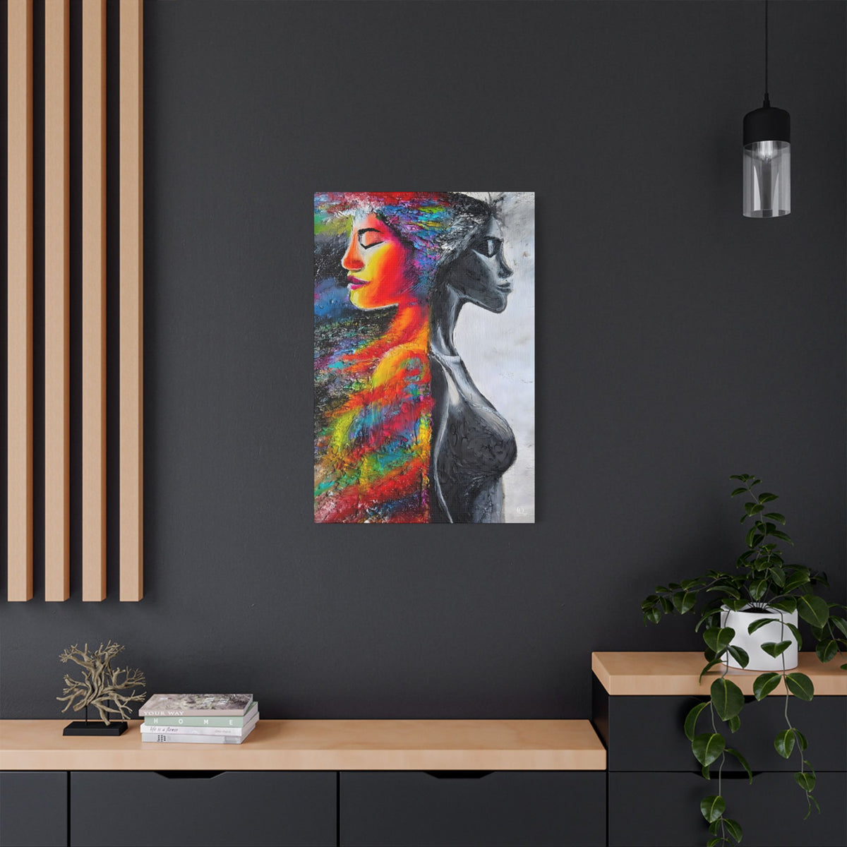 Abstract Duality Portrait Satin Canvas Art - Colorful Woman & Monochrome Silhouette Stretched
