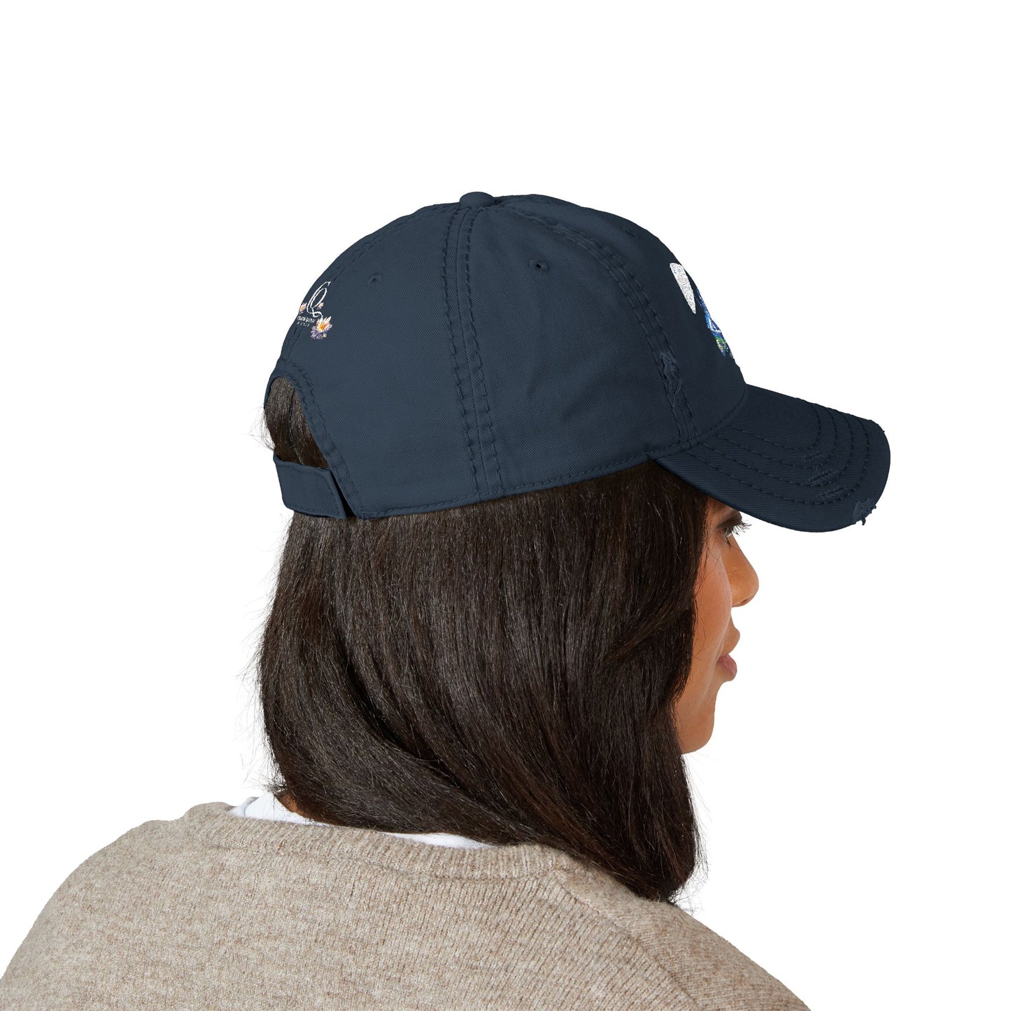 Distressed Embroidered Dad Hat — Blue Abstract Raccoon Design