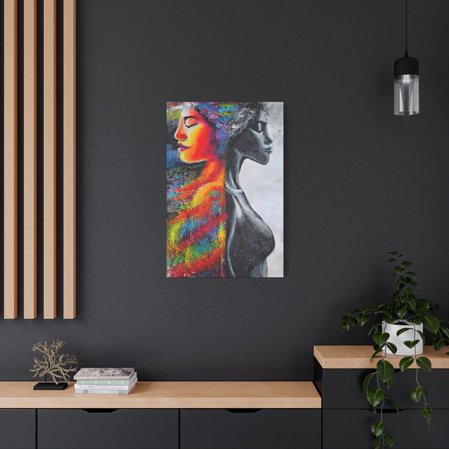 Duality Portrait Canvas Print — Colorful Woman & Monochrome Silhouette Stretched Matte