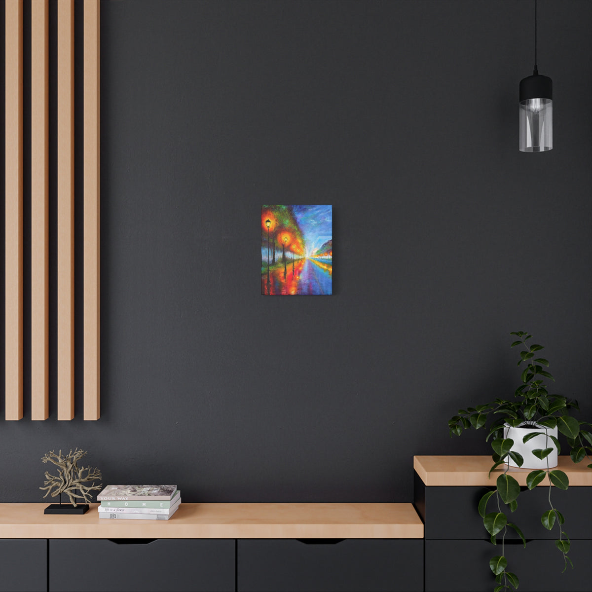 Colorful City Night Lamp Post Canvas Art — Matte Stretched Wall Decor