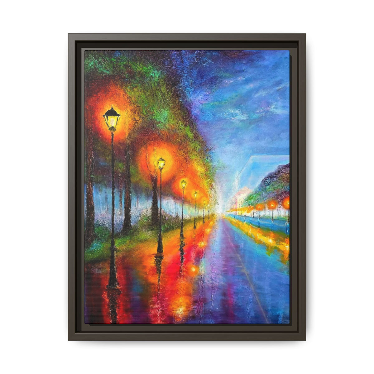 Framed Matte Canvas - Colorful City Street Lamp Nightscape