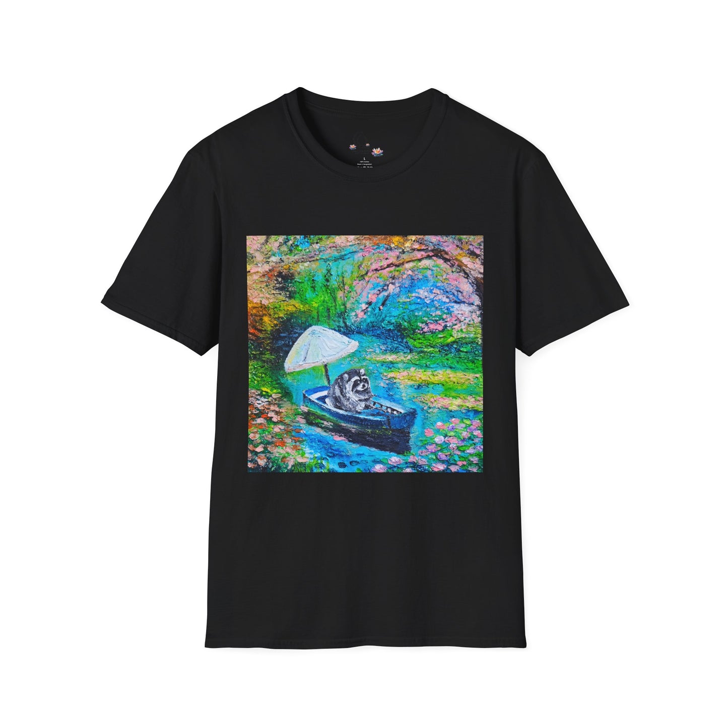 Jimothy Rides a Boat Art Tee — Colorful Impressionist River Scene