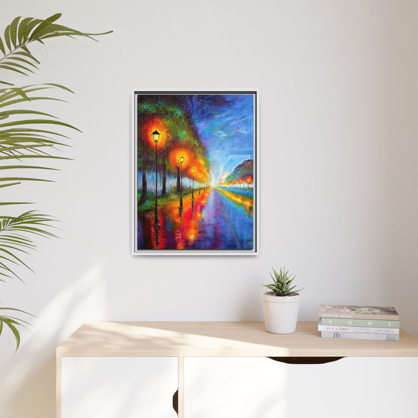 Framed Matte Canvas - Colorful City Street Lamp Nightscape