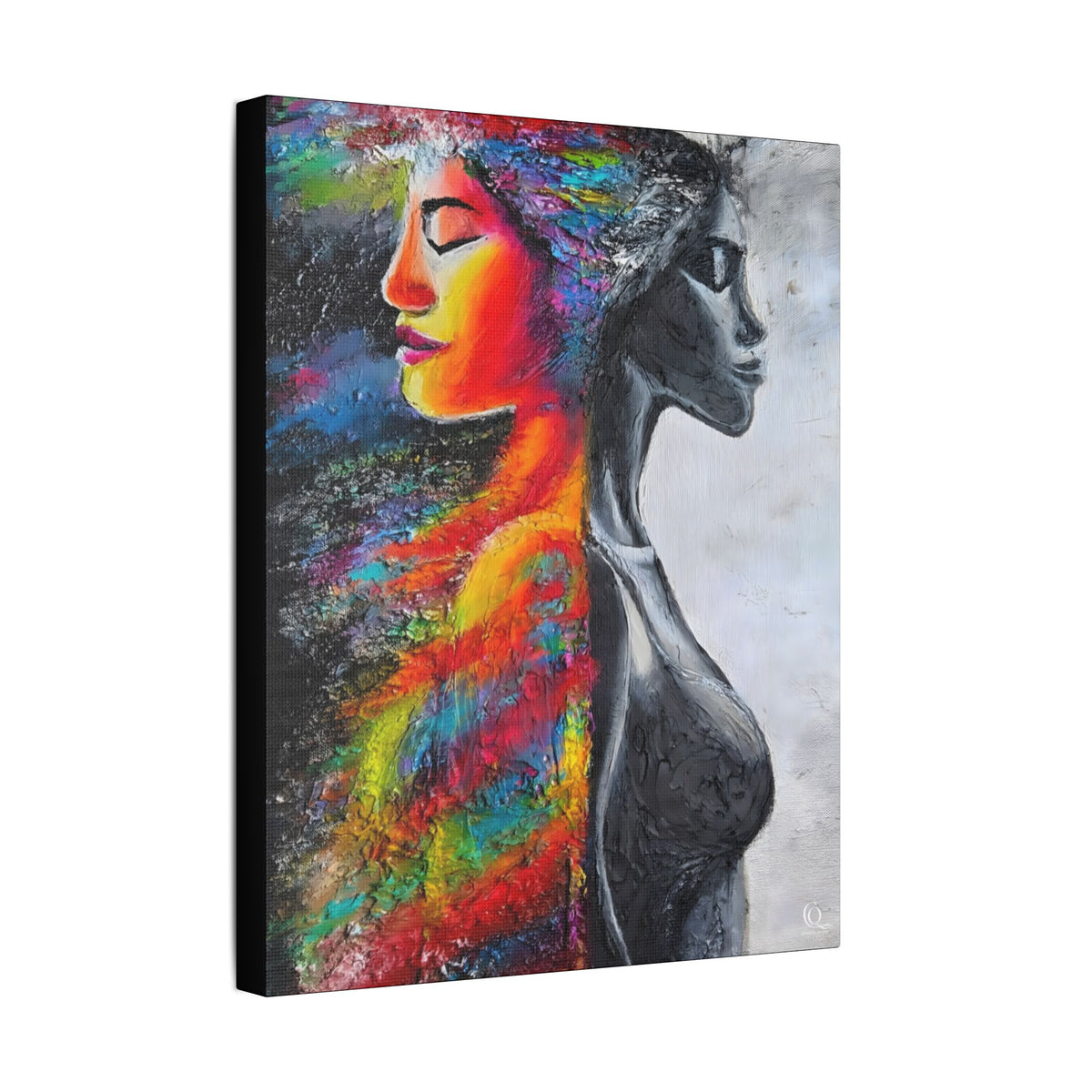 Abstract Duality Portrait Satin Canvas Art - Colorful Woman & Monochrome Silhouette Stretched