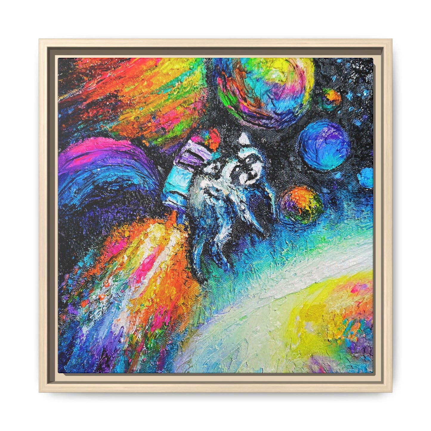 Framed Matte Jimothy in Space Canvas Art – Colorful Astronaut Space Painting