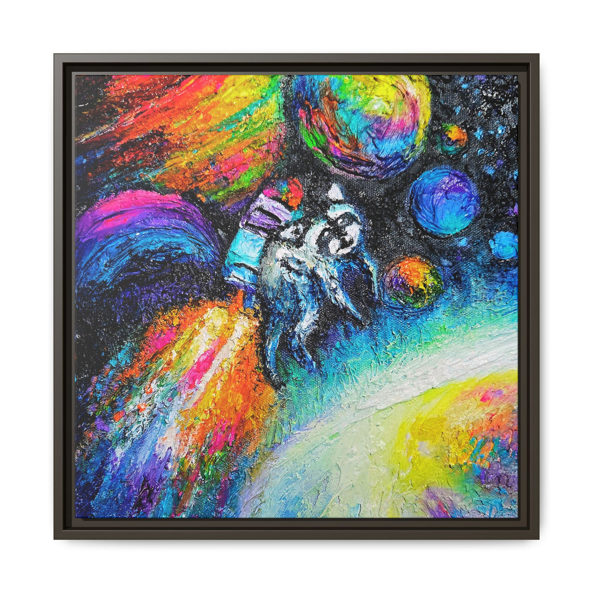 Framed Matte Jimothy in Space Canvas Art – Colorful Astronaut Space Painting