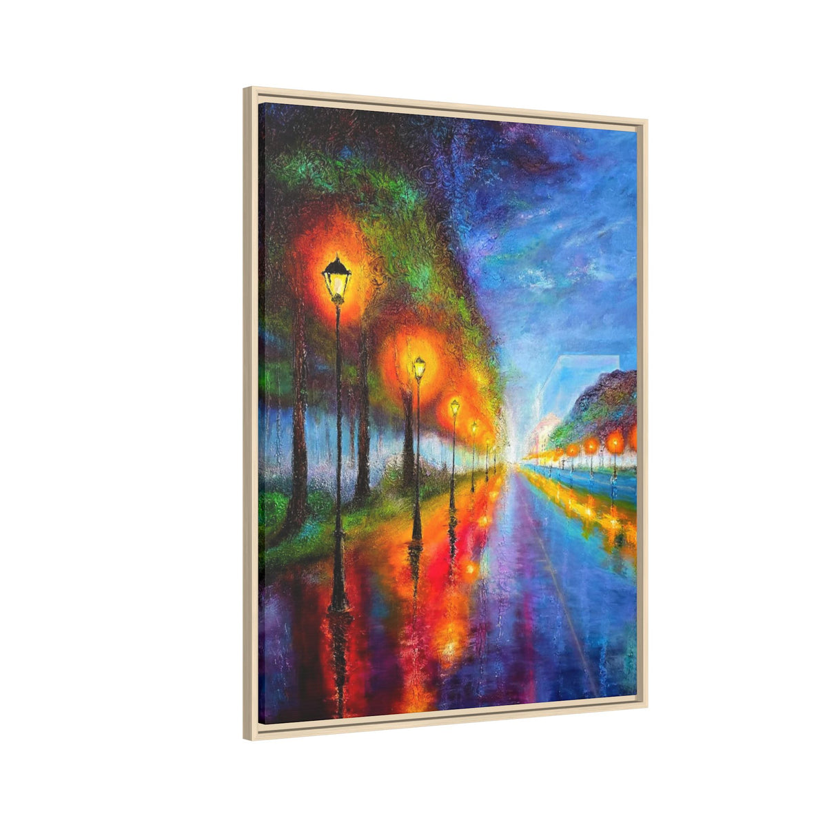 Framed Matte Canvas - Colorful City Street Lamp Nightscape
