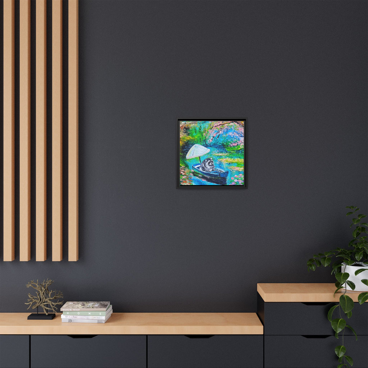 Framed Matte Canvas Art — Jimothy in a Boat Spring Landscape
