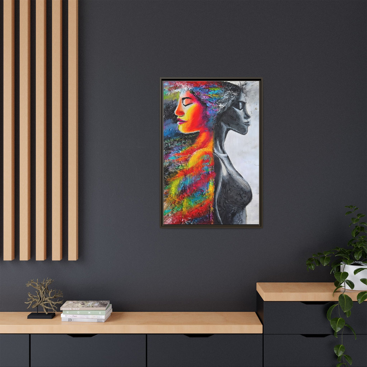 Framed Matte Canvas Art – Colorful Dual-Faced Woman Portrait