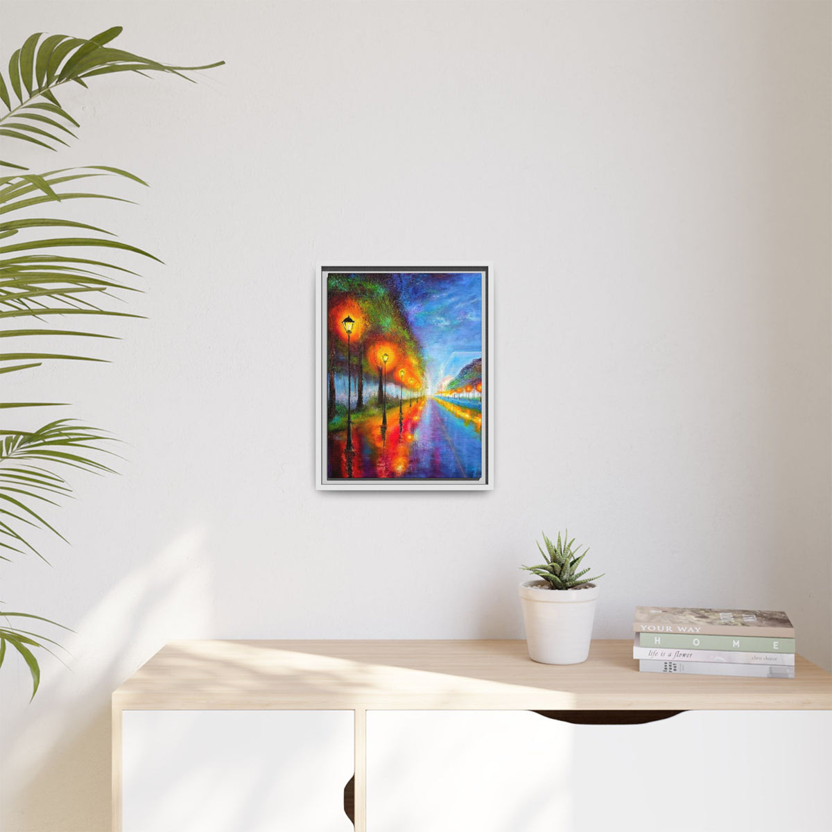 Framed Matte Canvas - Colorful City Street Lamp Nightscape