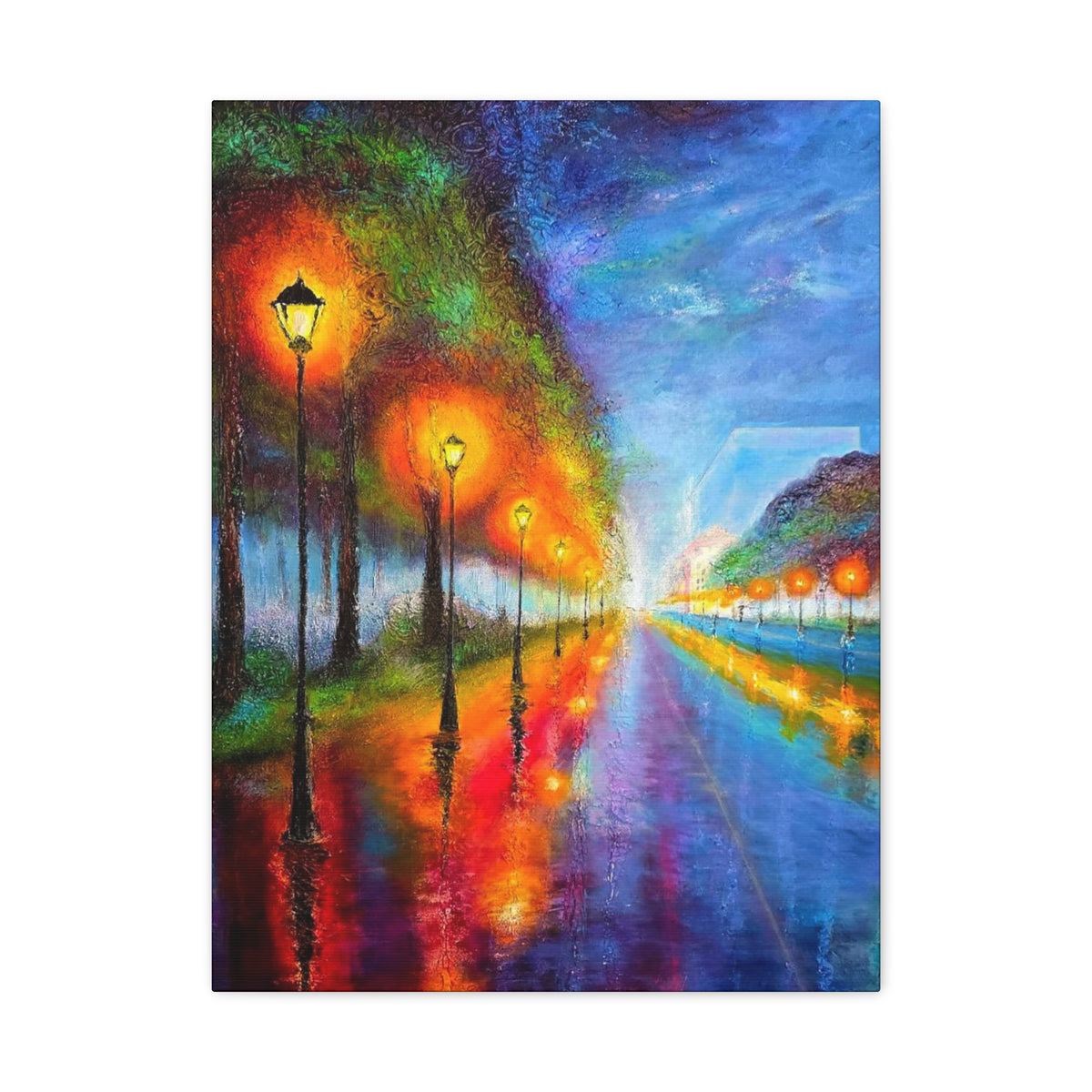 Colorful City Night Lamp Post Canvas Art — Matte Stretched Wall Decor