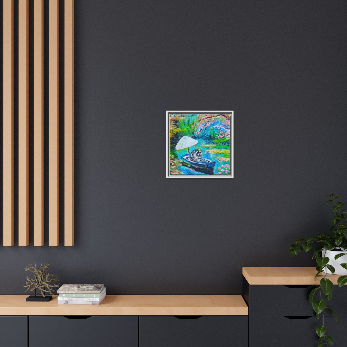 Framed Matte Canvas Art — Jimothy in a Boat Spring Landscape