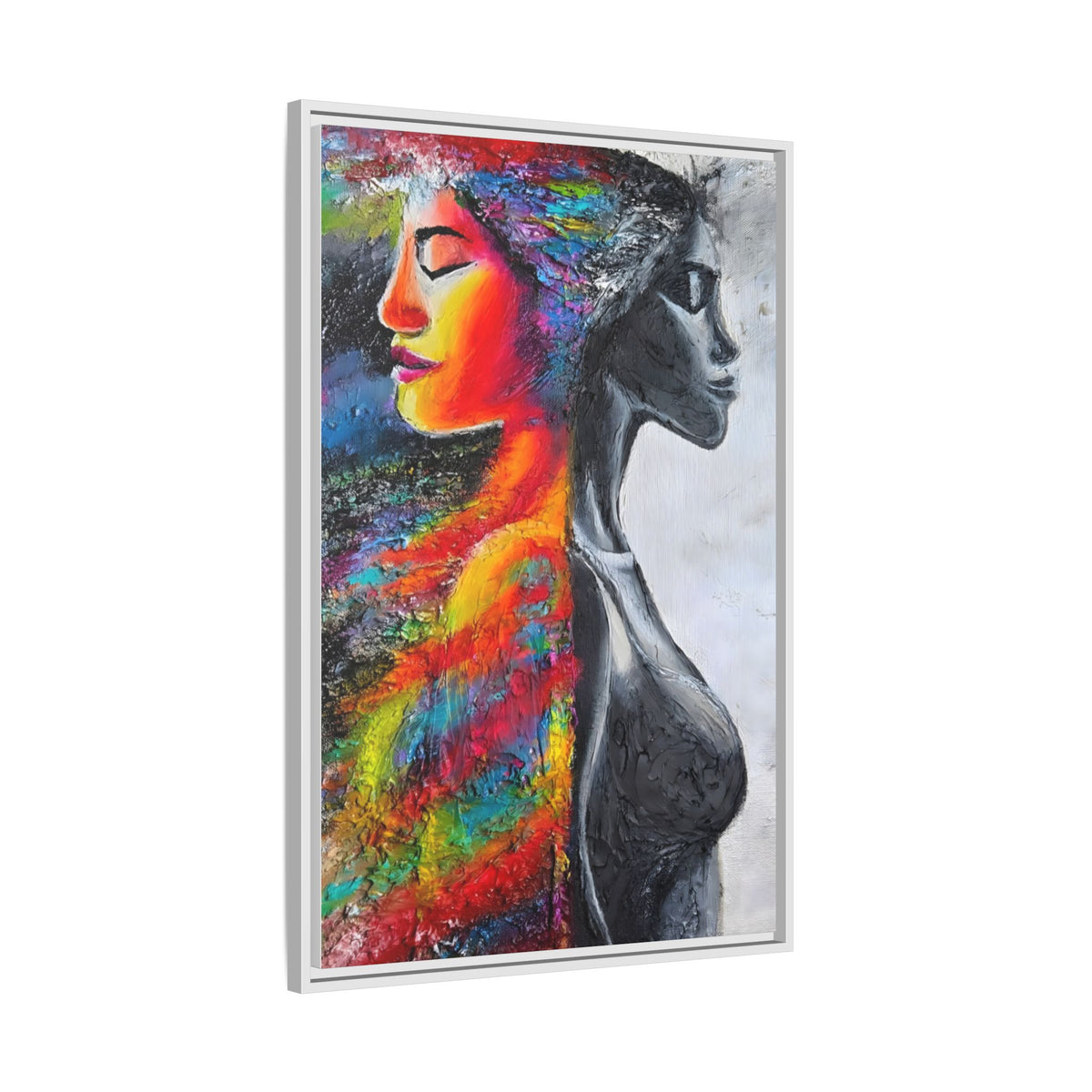 Framed Matte Canvas Art – Colorful Dual-Faced Woman Portrait