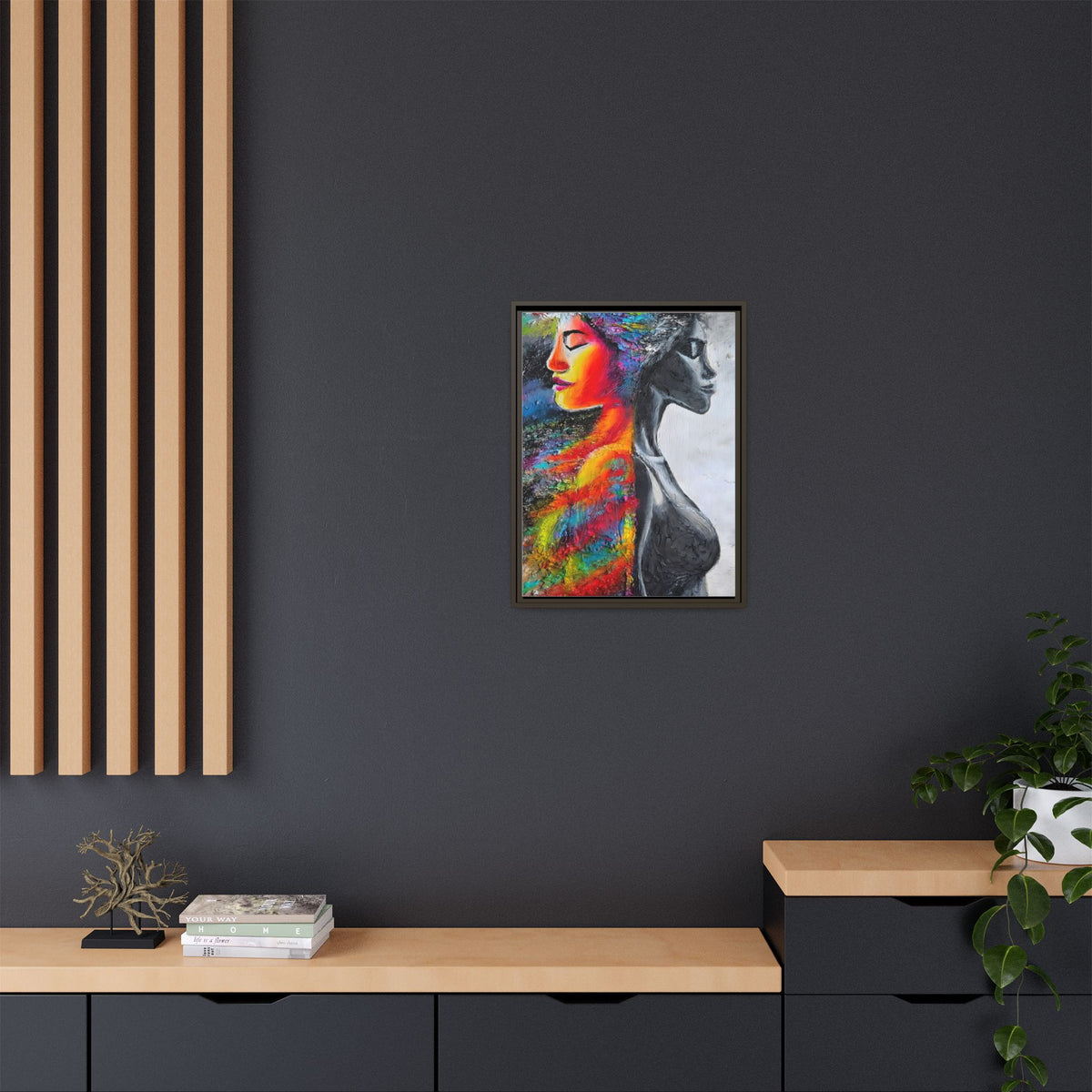 Framed Matte Canvas Art – Colorful Dual-Faced Woman Portrait