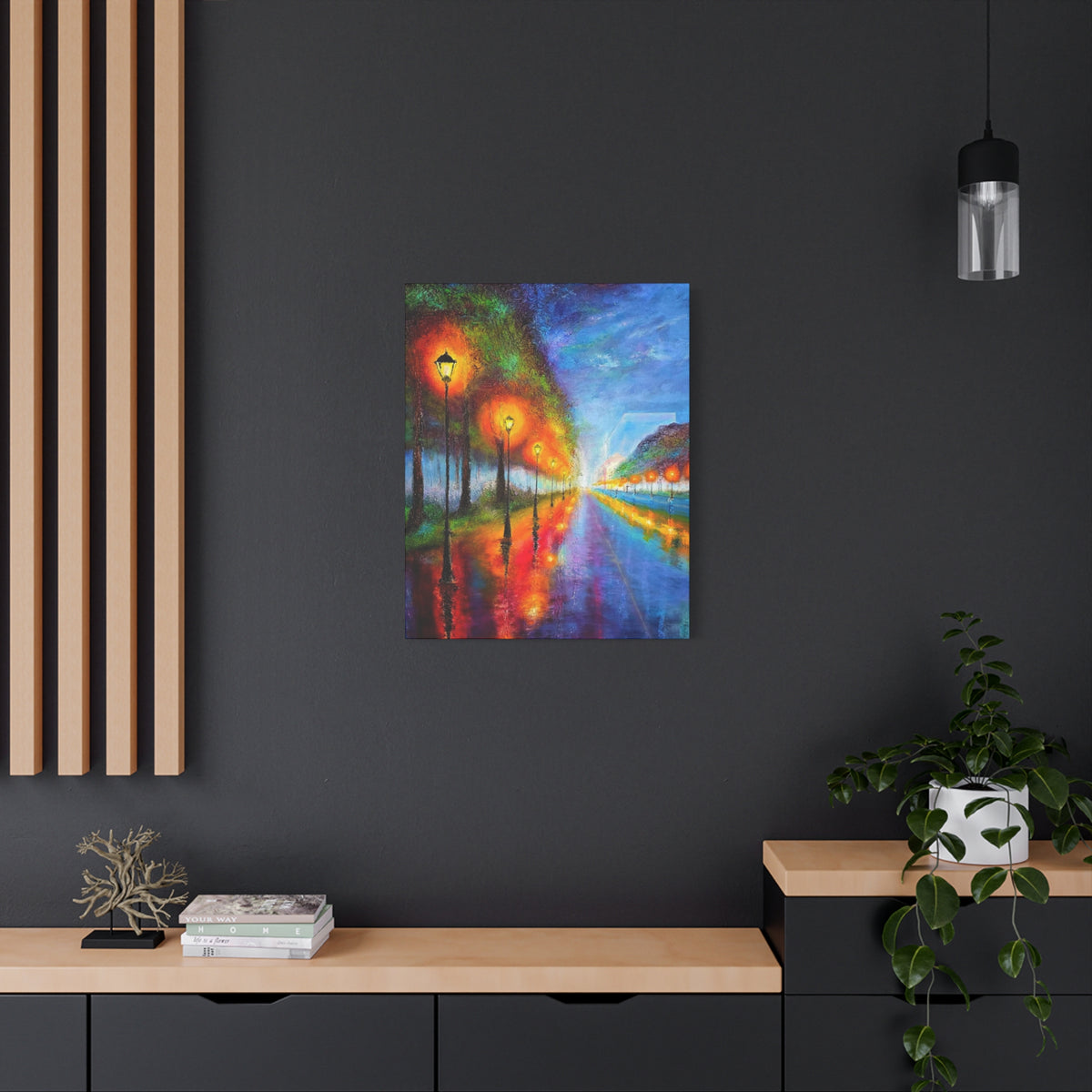 Colorful City Night Lamp Post Canvas Art — Matte Stretched Wall Decor