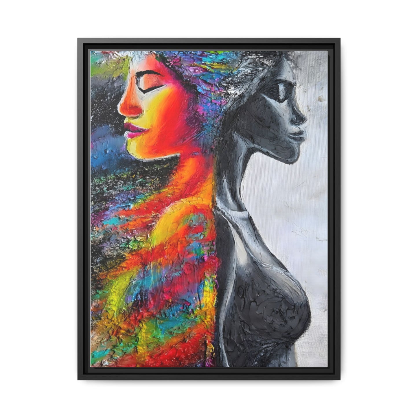 Framed Matte Canvas Art – Colorful Dual-Faced Woman Portrait