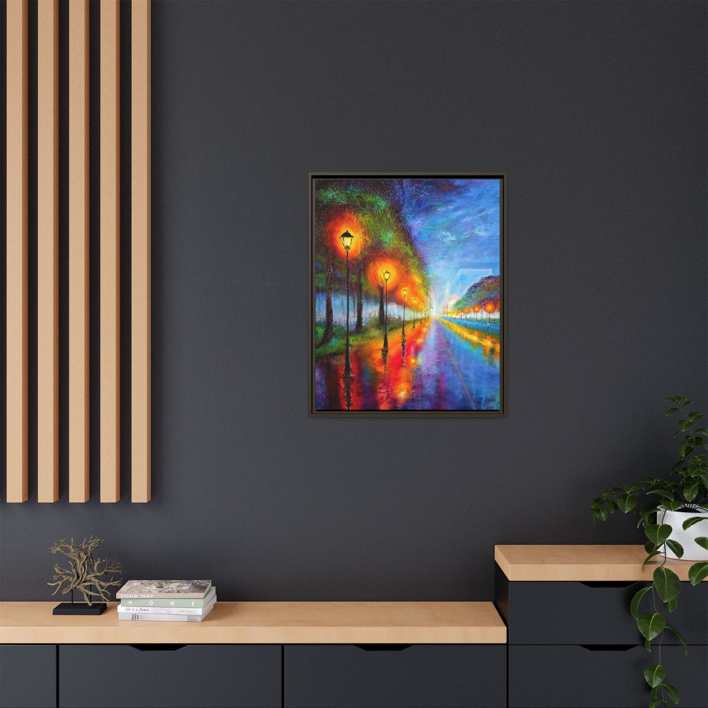 Framed Matte Canvas - Colorful City Street Lamp Nightscape