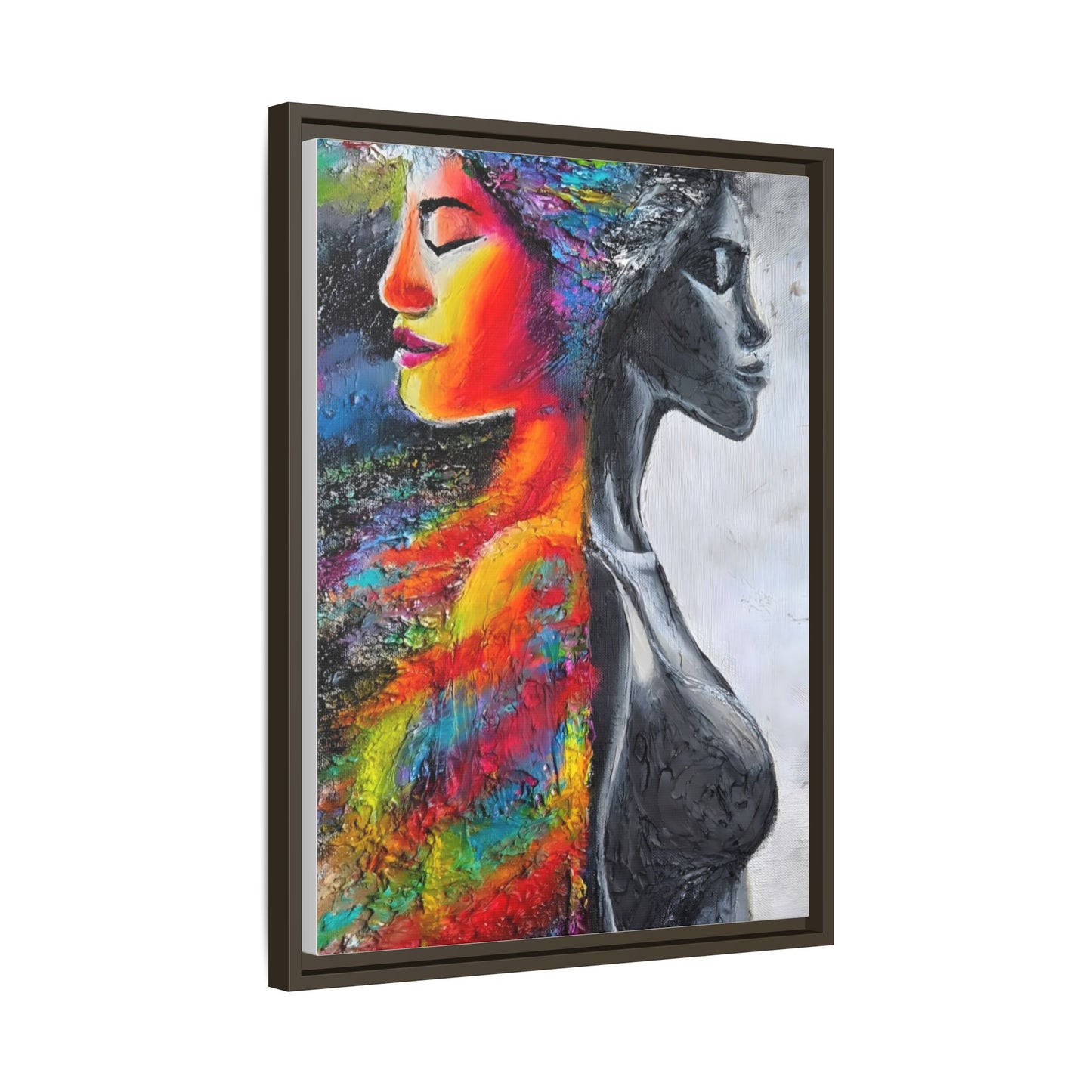 Framed Matte Canvas Art – Colorful Dual-Faced Woman Portrait