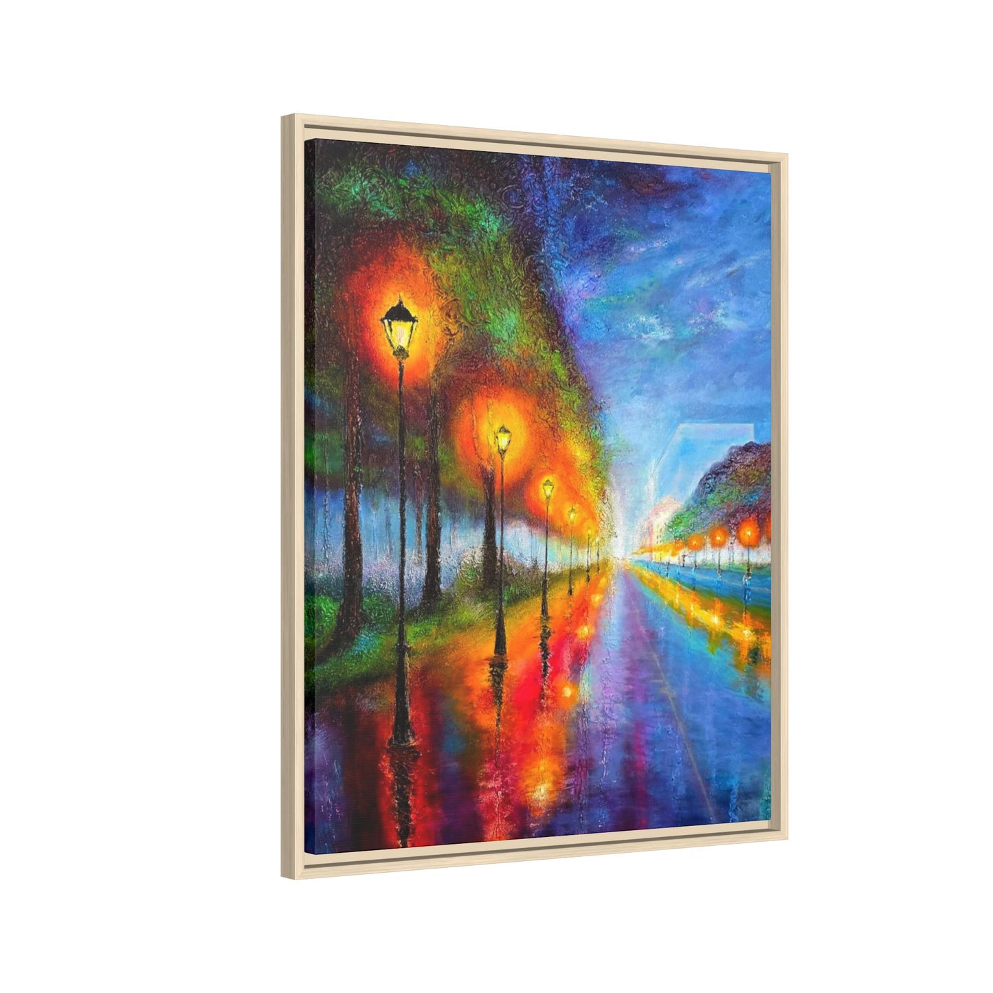 Framed Matte Canvas - Colorful City Street Lamp Nightscape