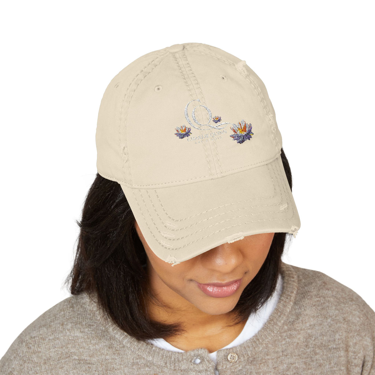Distressed Embroidered Dad Hat – CQT Lotus Logo Design