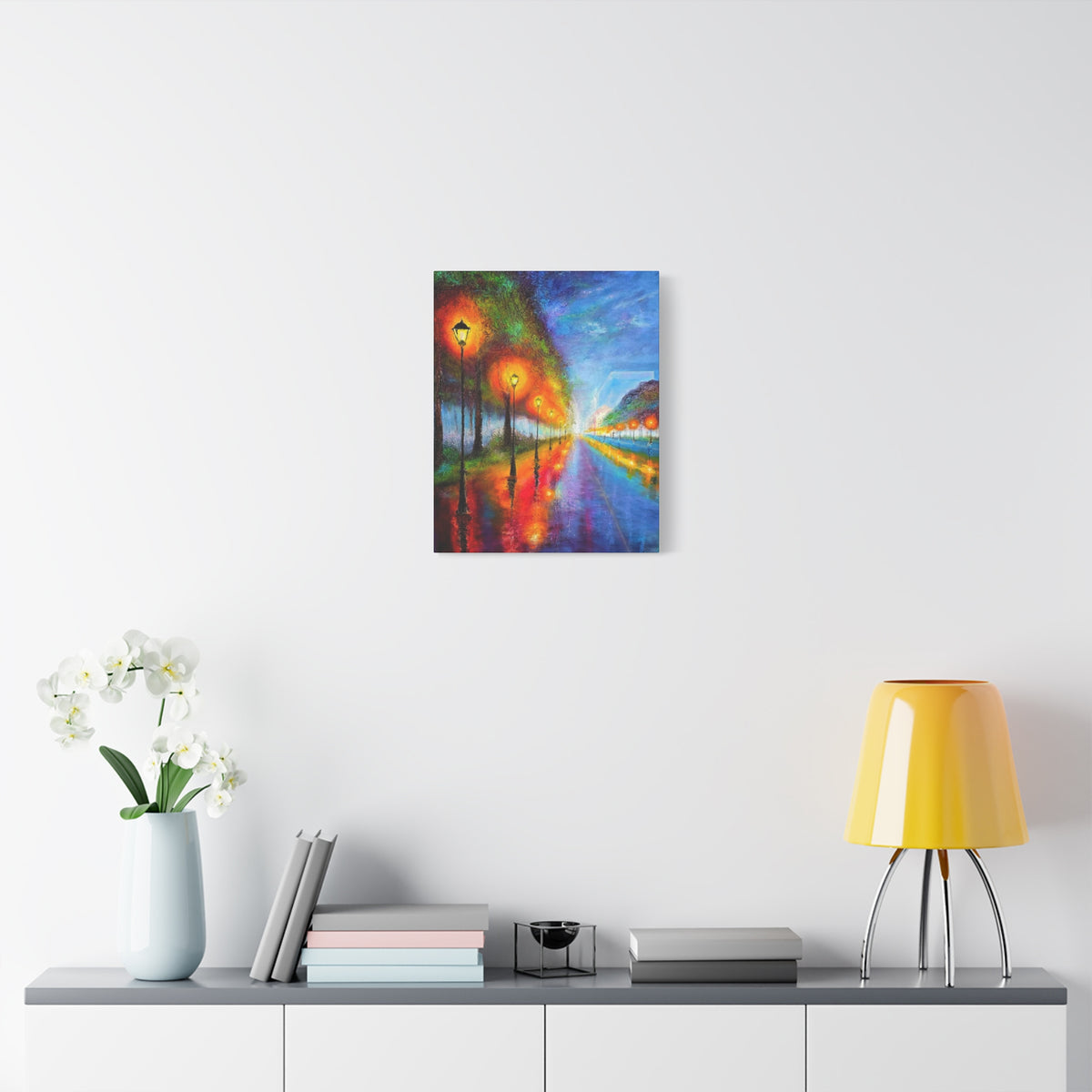 Colorful City Night Lamp Post Canvas Art — Matte Stretched Wall Decor