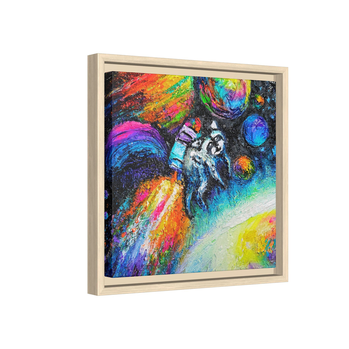 Framed Matte Jimothy in Space Canvas Art – Colorful Astronaut Space Painting