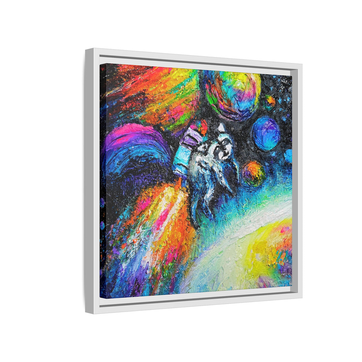 Framed Matte Jimothy in Space Canvas Art – Colorful Astronaut Space Painting