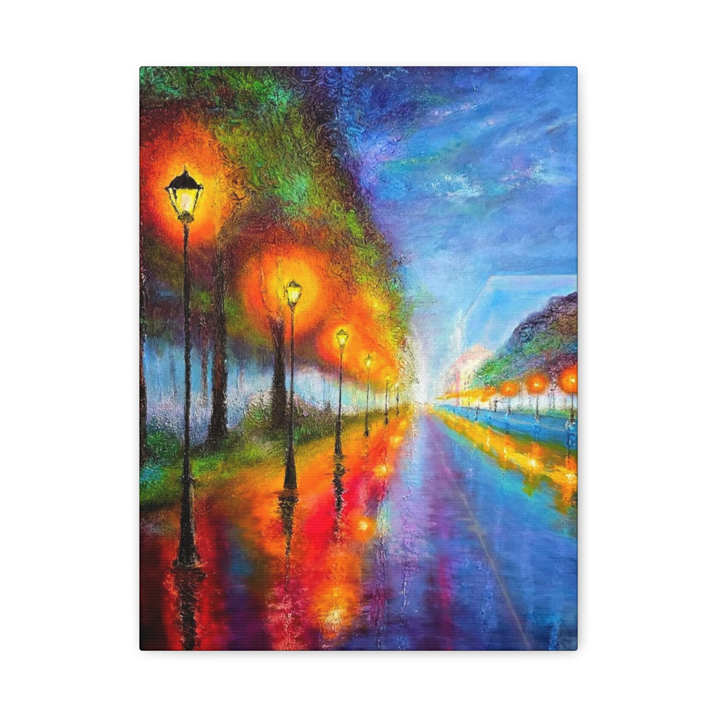 Colorful City Night Lamp Post Canvas Art — Matte Stretched Wall Decor
