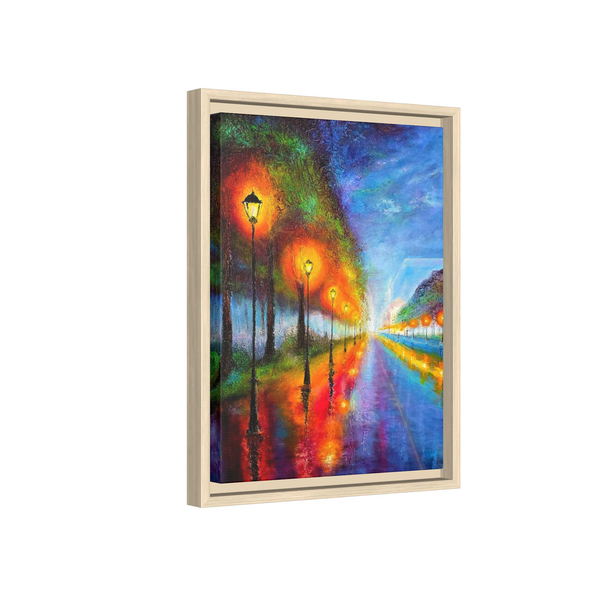 Framed Matte Canvas - Colorful City Street Lamp Nightscape