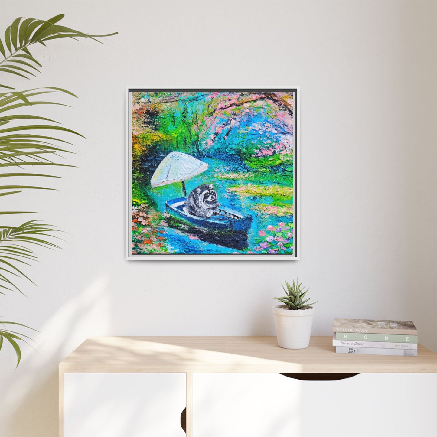 Framed Matte Canvas Art — Jimothy in a Boat Spring Landscape