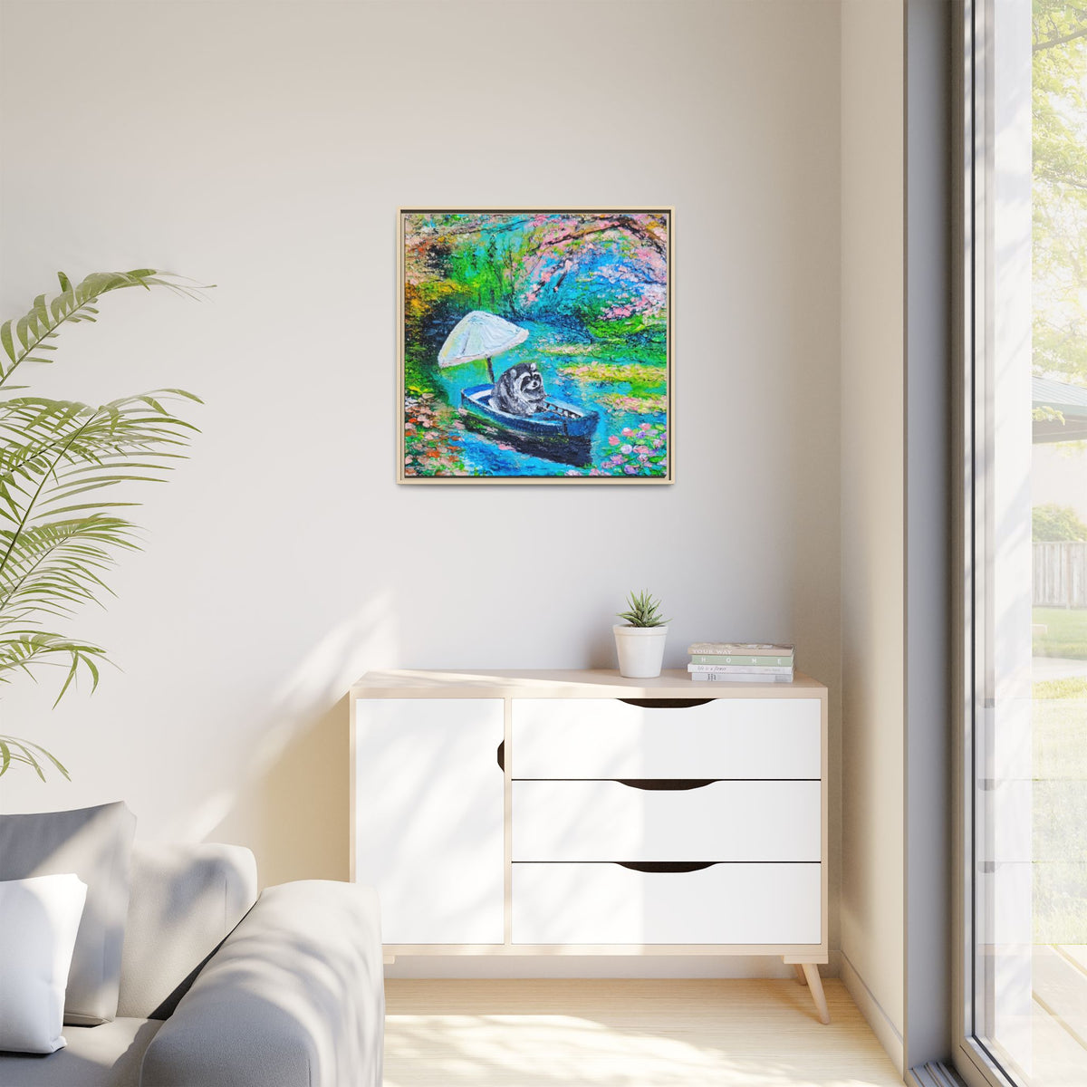 Framed Matte Canvas Art — Jimothy in a Boat Spring Landscape