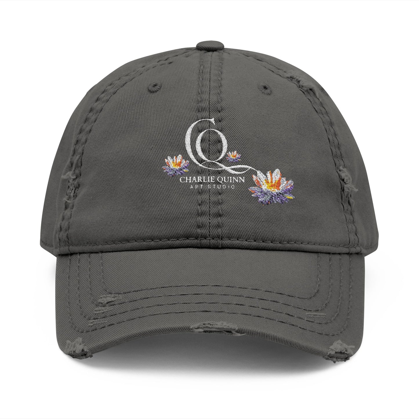 Distressed Embroidered Dad Hat – CQT Lotus Logo Design