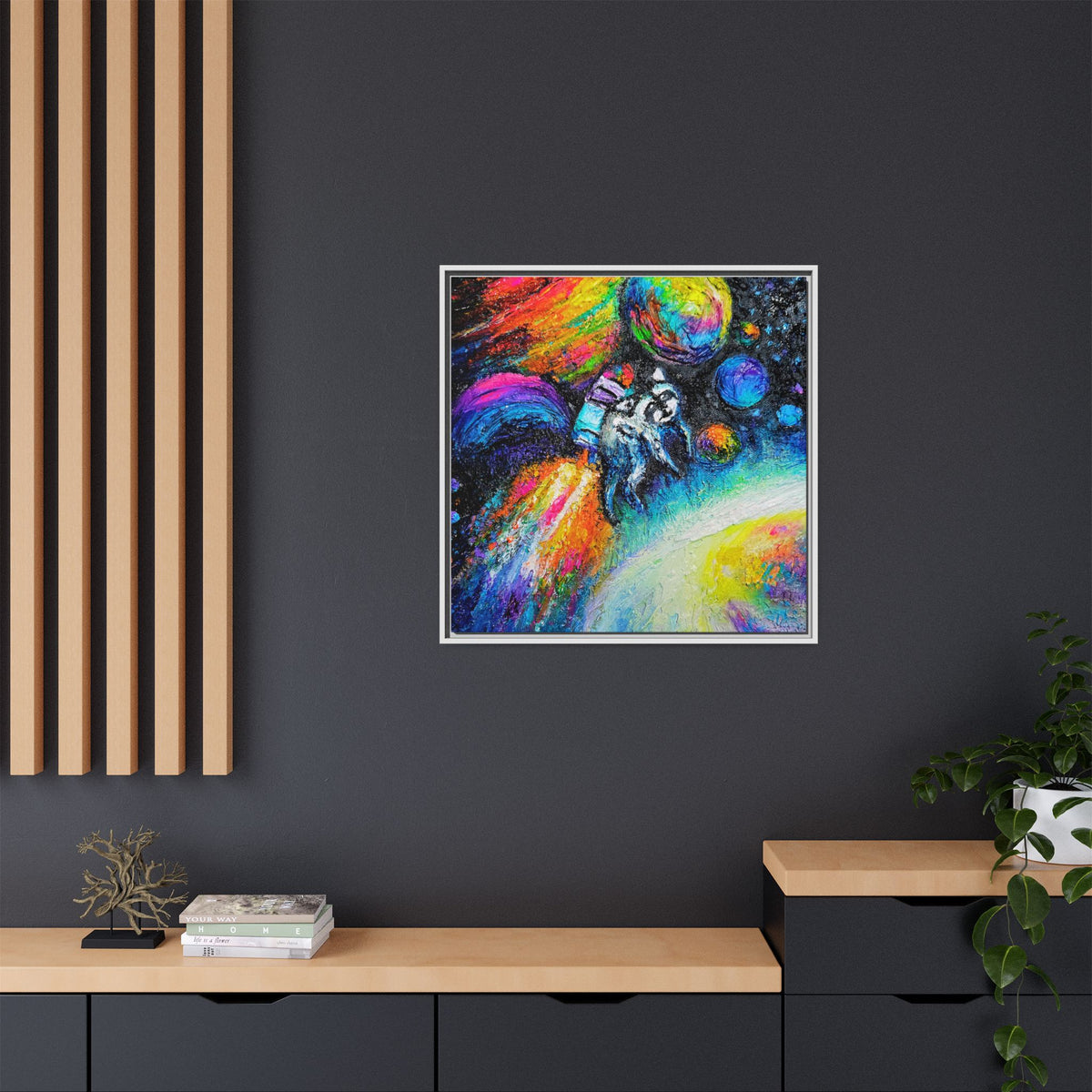 Framed Matte Jimothy in Space Canvas Art – Colorful Astronaut Space Painting