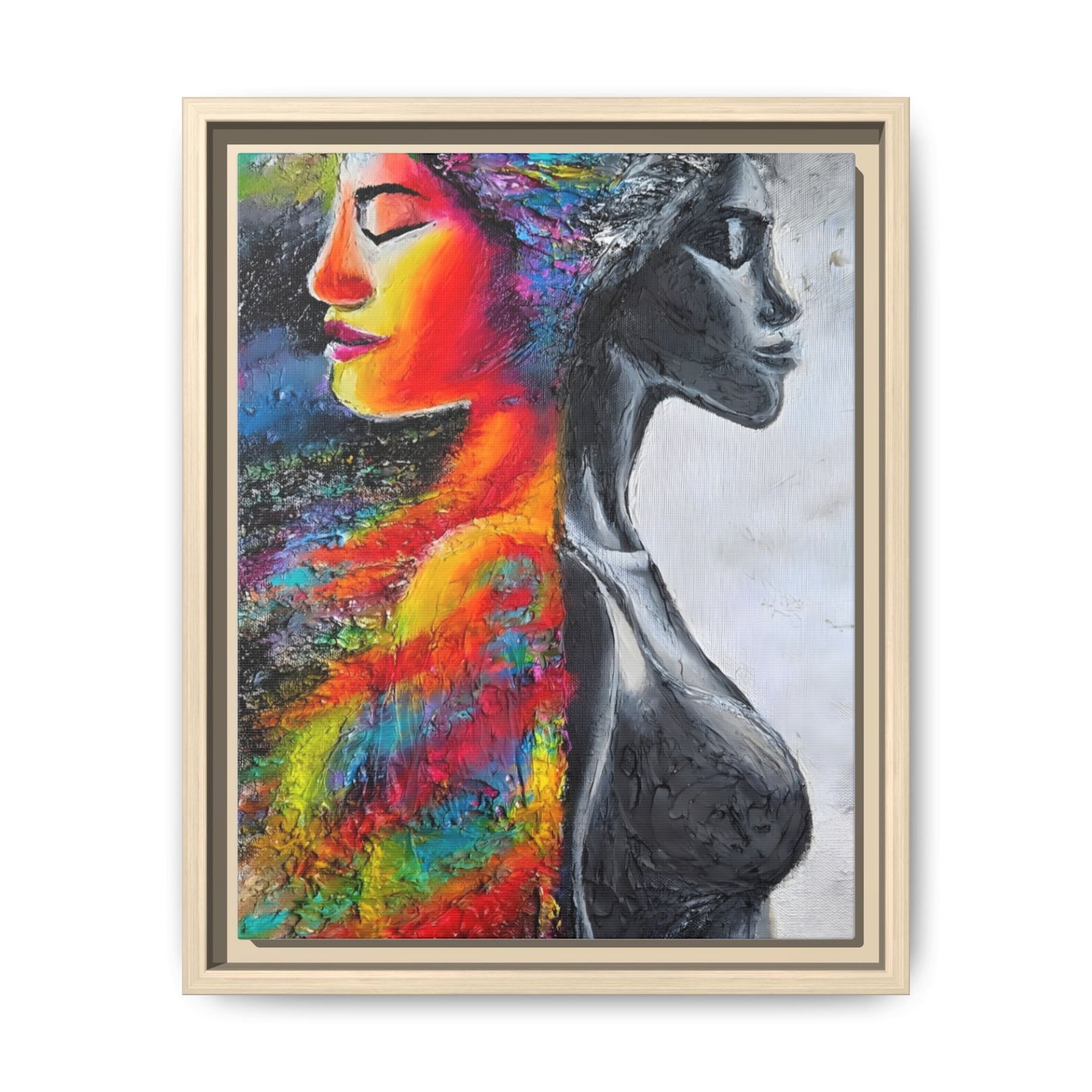 Framed Matte Canvas Art – Colorful Dual-Faced Woman Portrait