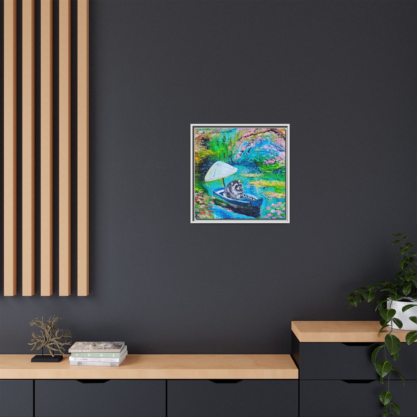 Framed Matte Canvas Art — Jimothy in a Boat Spring Landscape