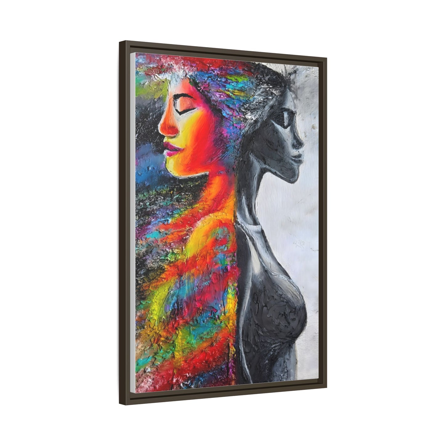 Framed Matte Canvas Art – Colorful Dual-Faced Woman Portrait