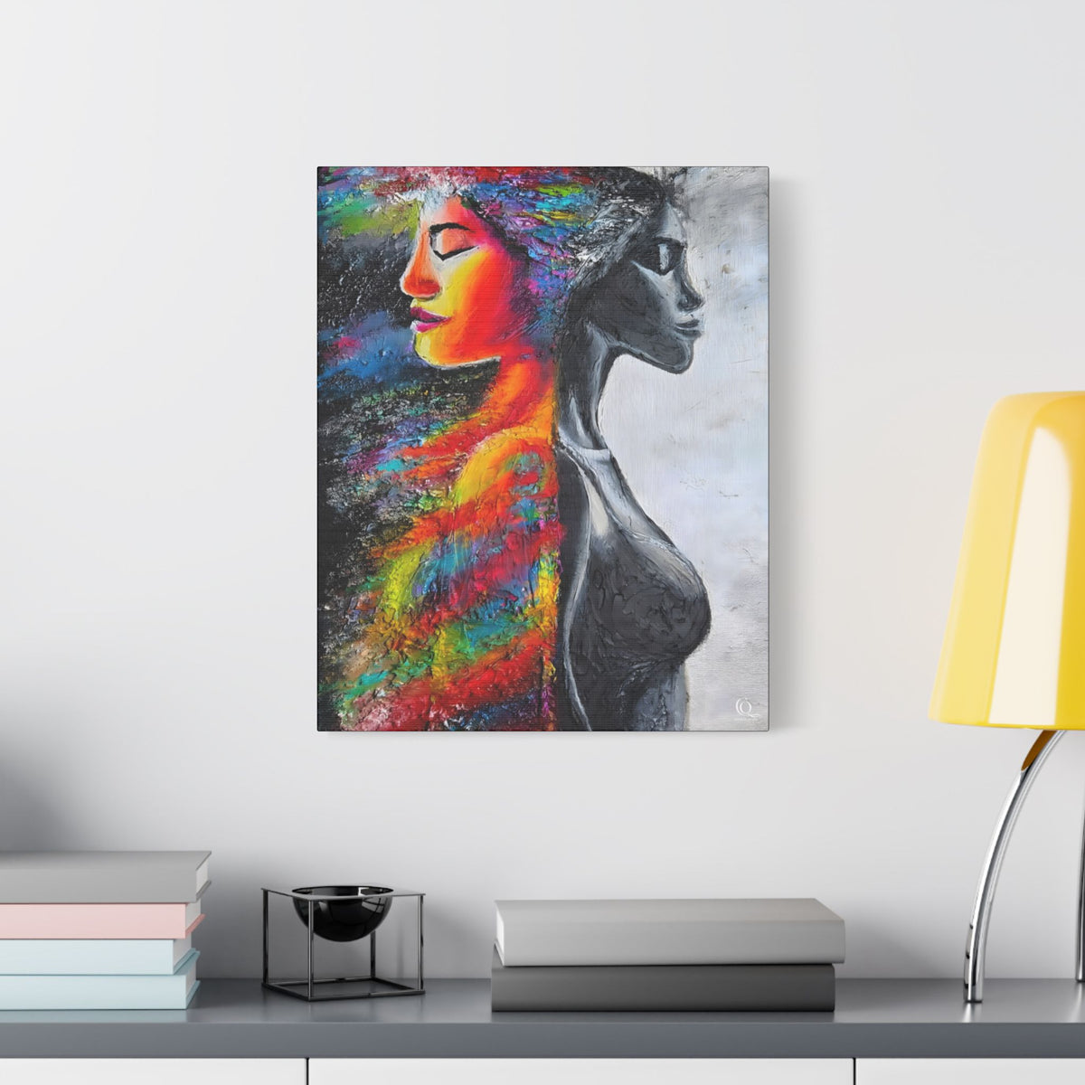 Abstract Duality Portrait Satin Canvas Art - Colorful Woman & Monochrome Silhouette Stretched