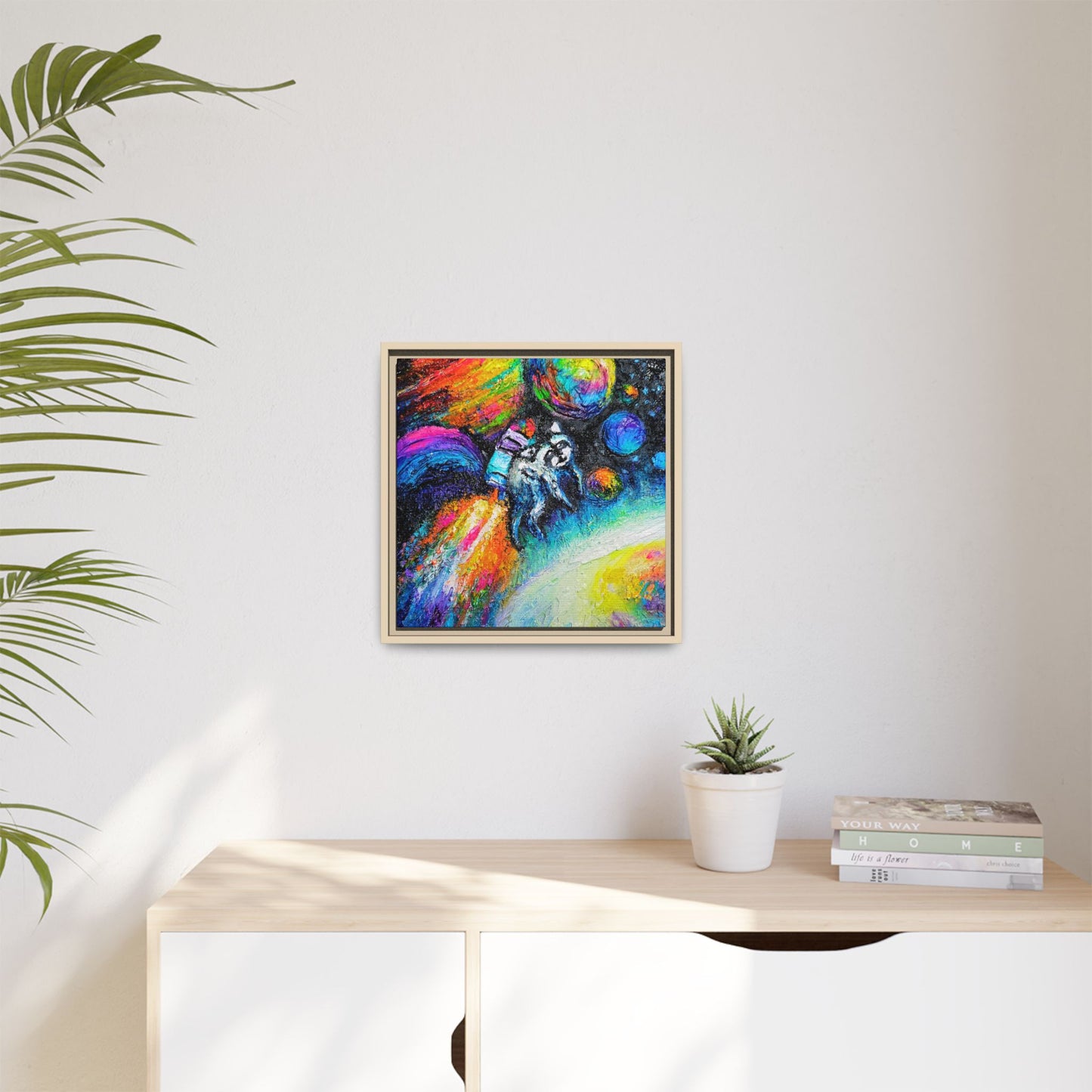 Framed Matte Jimothy in Space Canvas Art – Colorful Astronaut Space Painting