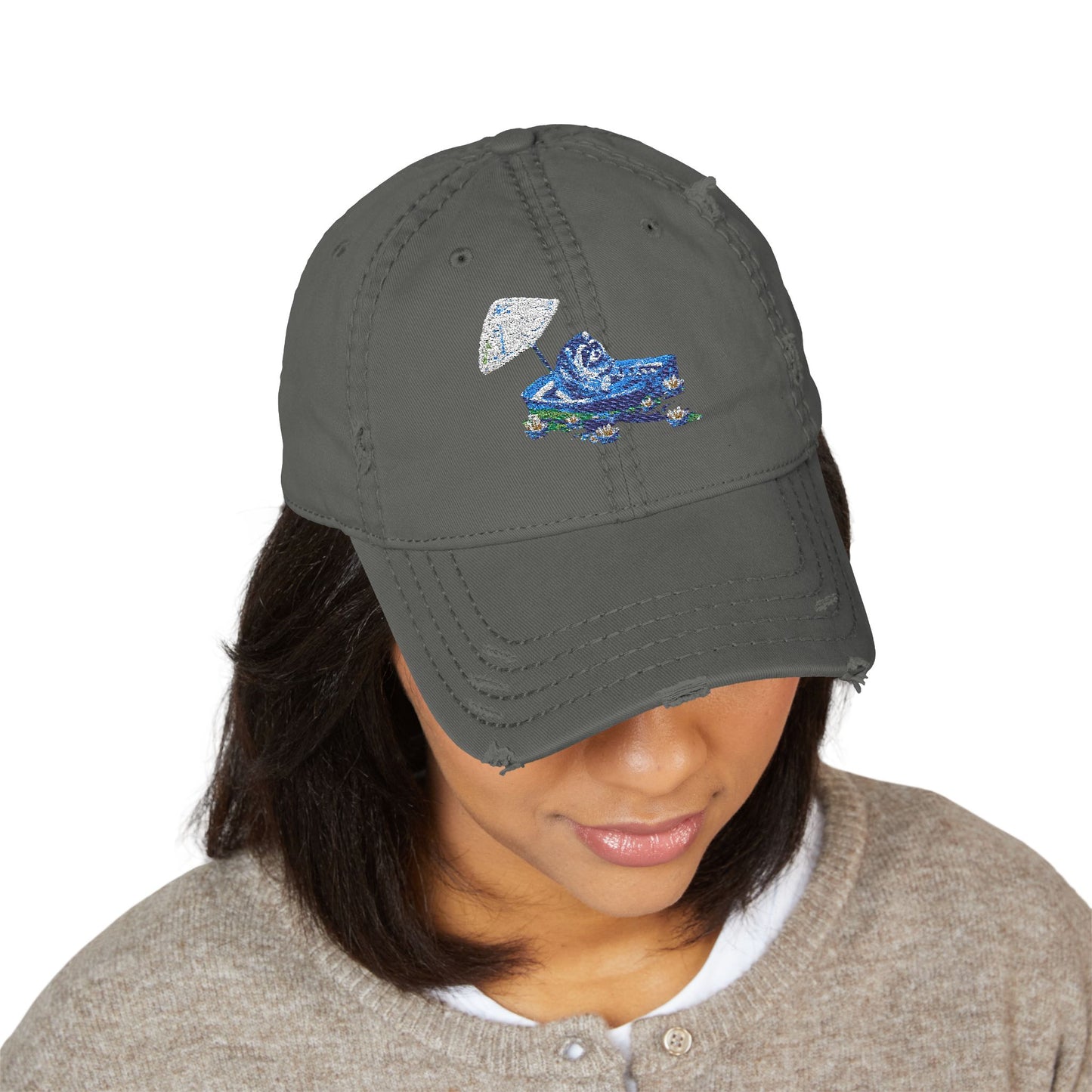 Distressed Embroidered Dad Hat — Blue Abstract Raccoon Design