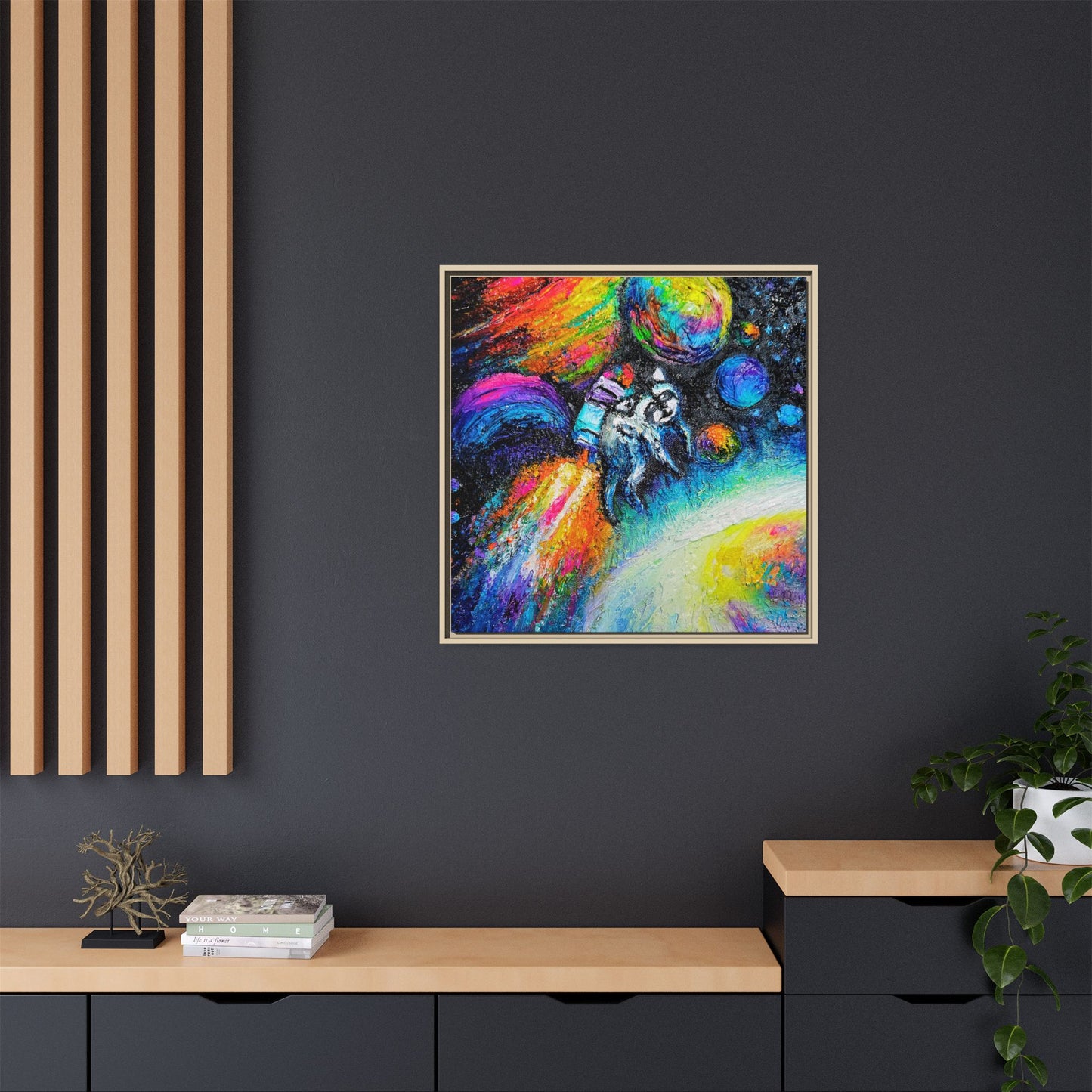 Framed Matte Jimothy in Space Canvas Art – Colorful Astronaut Space Painting
