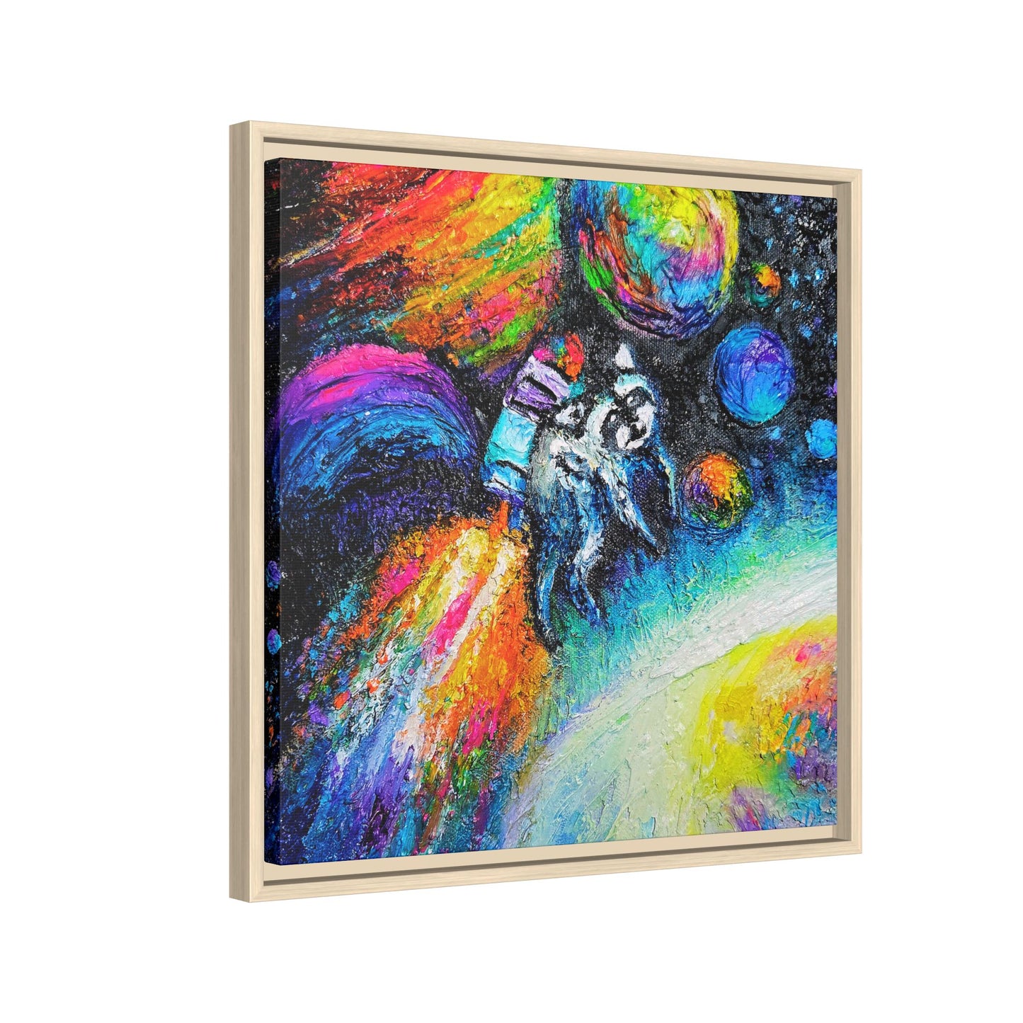 Framed Matte Jimothy in Space Canvas Art – Colorful Astronaut Space Painting