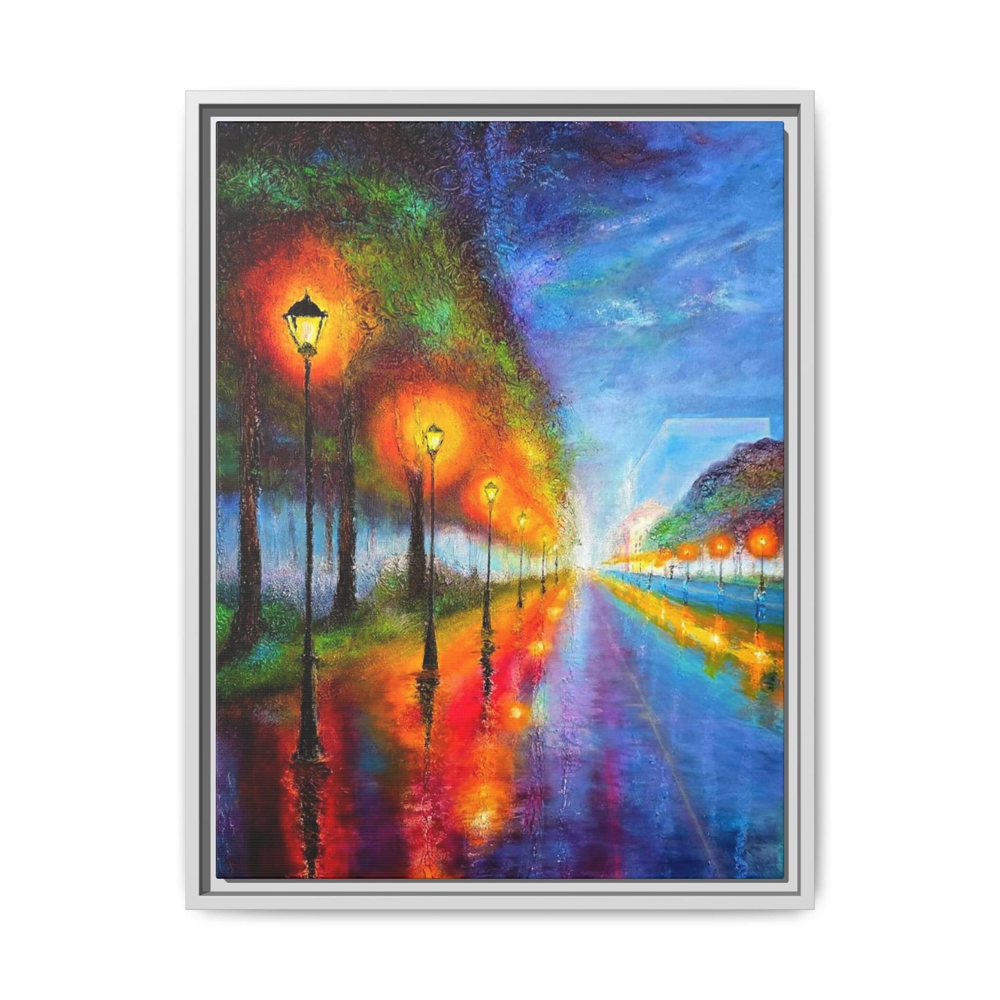 Framed Matte Canvas - Colorful City Street Lamp Nightscape