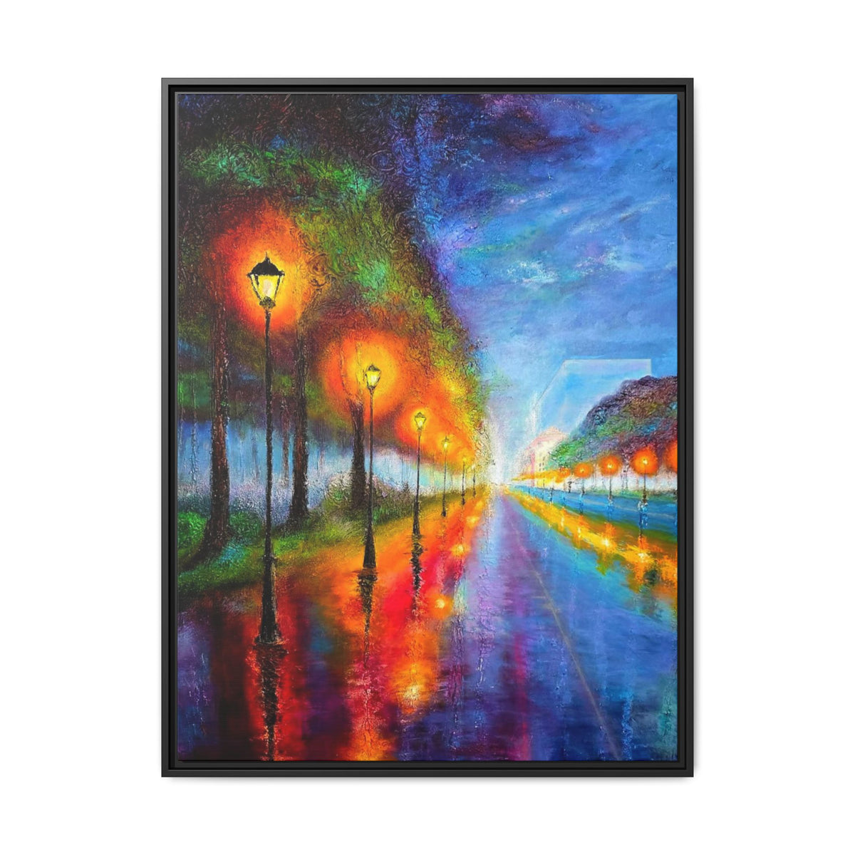 Framed Matte Canvas - Colorful City Street Lamp Nightscape