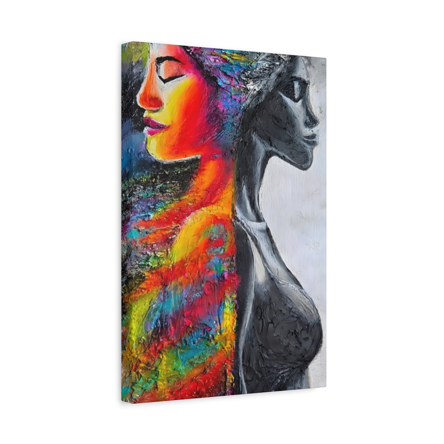 Duality Portrait Canvas Print — Colorful Woman & Monochrome Silhouette Stretched Matte