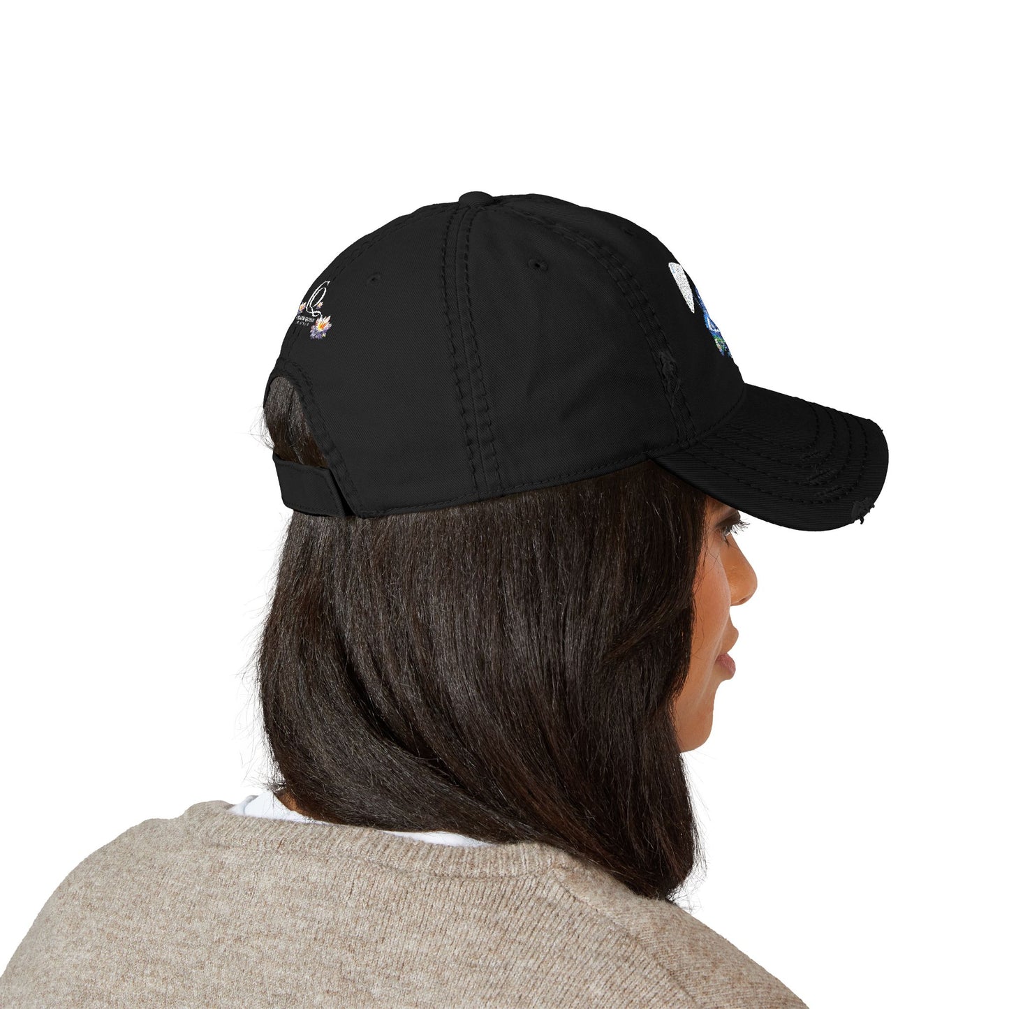 Distressed Embroidered Dad Hat — Blue Abstract Raccoon Design