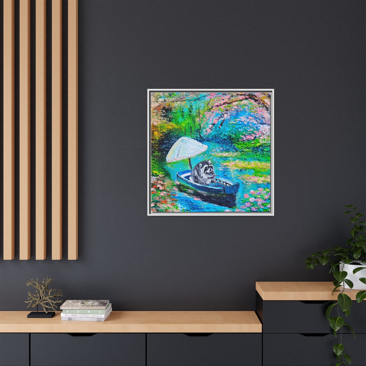 Framed Matte Canvas Art — Jimothy in a Boat Spring Landscape