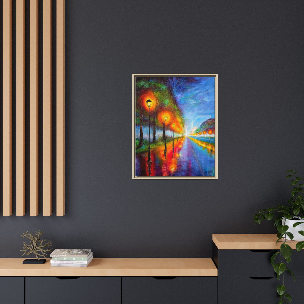 Framed Matte Canvas - Colorful City Street Lamp Nightscape