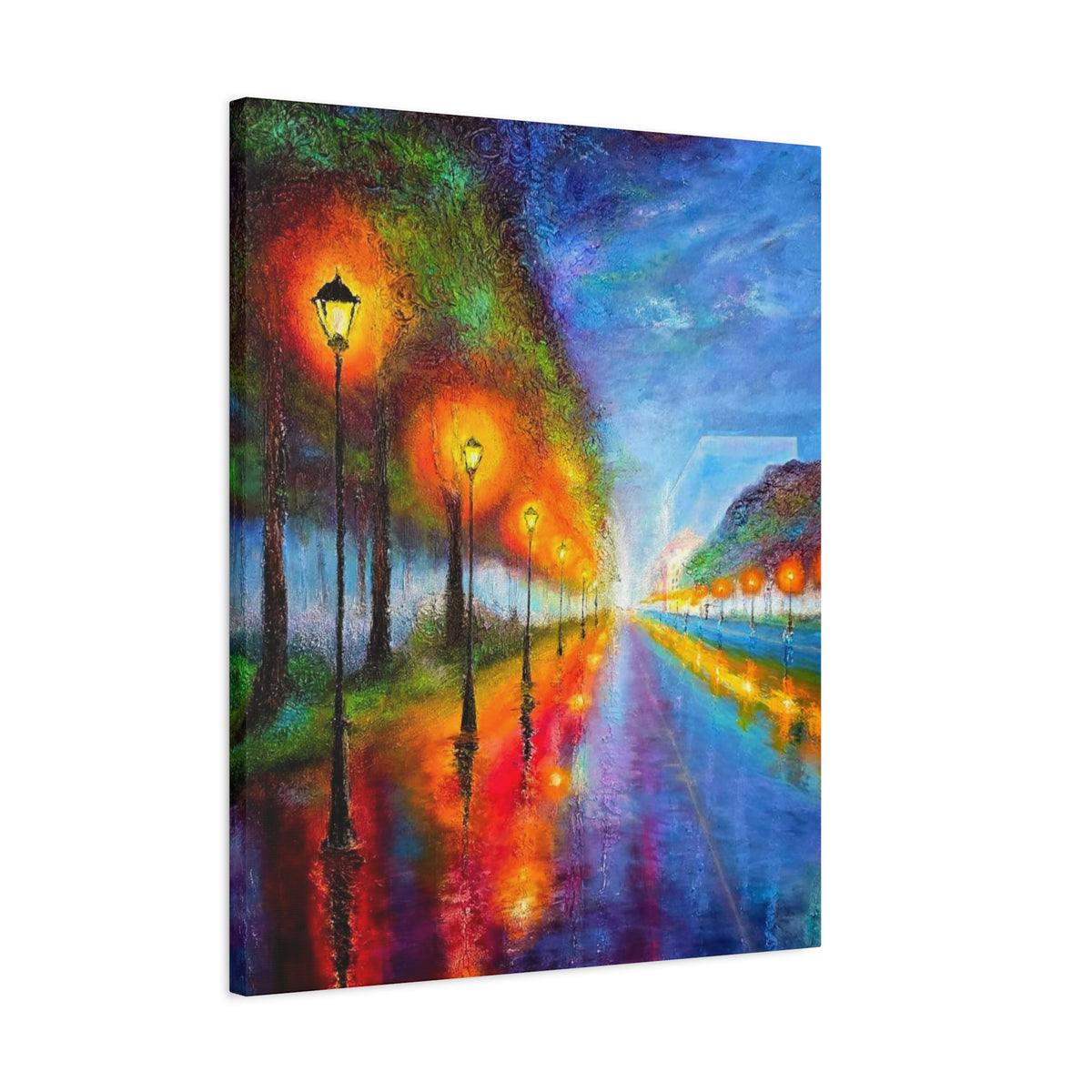 Colorful City Night Lamp Post Canvas Art — Matte Stretched Wall Decor
